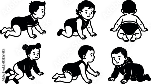 Retro line art vector set six crawling babies showing side view front and back simple black white playful outlines isolated