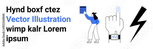 Digital interaction, technology advancement, smart devices, user authentication, innovation, biometric security. Woman holding a box, smartwatch fingerprint and lightning bolt symbol. Technology