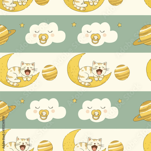Cute seamless pattern with cartoon cats on the moon, sleeping clouds, stars, and planets. Baby theme.