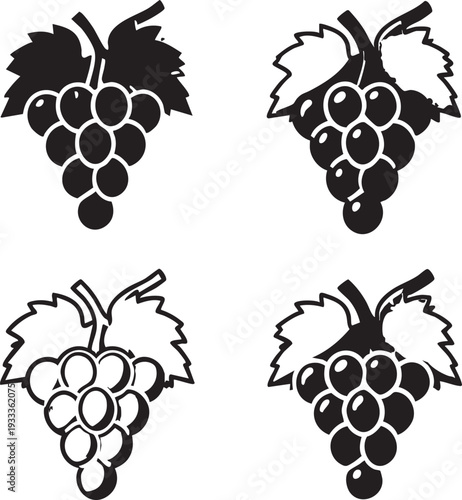 Bunch of ripe grapes vector illustration with vine leaves and vineyard elements