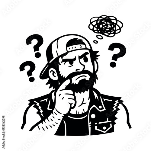 Puzzled man wearing a backward cap and beard, contemplating an issue with doubt, uncertainty, and a problem