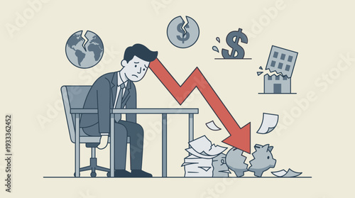 Sad Businessman Sitting at Desk with Falling Red Arrow Representing Financial Crisis, Global Economic Recession, Bankruptcy, and Money Problems with Broken Piggy Bank and Cracked World Globe