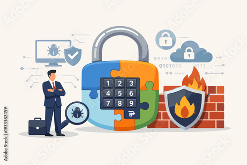 Businessman with a giant jigsaw puzzle security lock and keypad, illustrating comprehensive cybersecurity, antivirus protection, firewall defense, and data privacy for modern businesses.