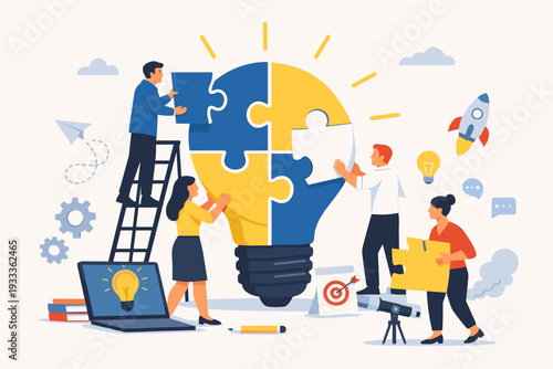 Business Teamwork Concept with People Building a Lightbulb Puzzle for Creative Idea Generation, Brainstorming, Innovation, Startup Launch, and Finding New Solutions for Success and Growth.