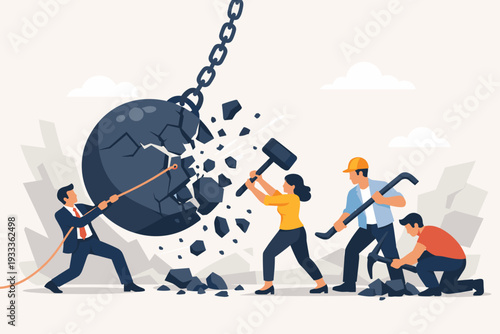 Businessman and diverse workers collaborating to destroy a giant wrecking ball representing tax debt or financial burden. Teamwork concept with people using sledgehammer, pickaxe, and crowbar.