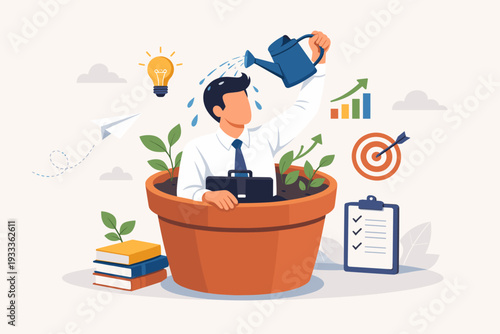Businessman Sitting in a Flowerpot Watering Himself as a Metaphor for Self-Improvement, Personal Development, and Professional Growth. Concept of Nurturing Career Success and Lifelong Learning.