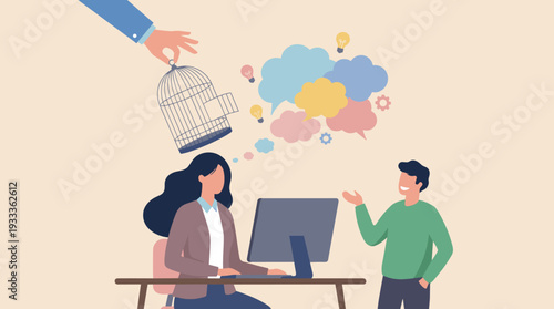 Freedom of speech and thought concept with a giant hand lifting a birdcage from a woman's head to release creative ideas, lightbulbs, and colorful bubbles in a professional office environment.