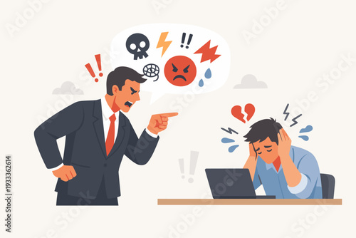 Angry Boss Shouting at Stressed Employee in Office, Workplace Bullying and Toxic Management Style Concept, Businessman Screaming at Worker with Laptop, Verbal Abuse and Mental Health Stress