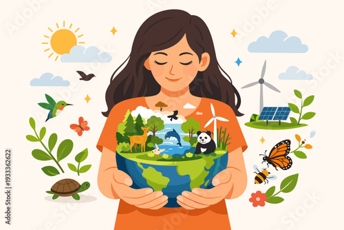Illustration of a woman holding the Earth globe with a thriving ecosystem of animals, forests, and oceans, featuring renewable energy wind turbines and solar panels for nature conservation.