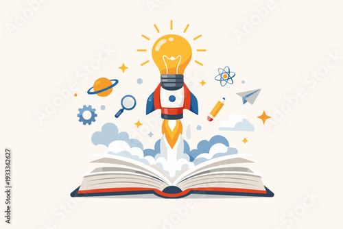 Creative Education and Learning Concept Illustration with Open Book and Rocket Lightbulb Launching. Science, Technology, Engineering, and Math STEM Symbols for Innovation and Knowledge Growth.