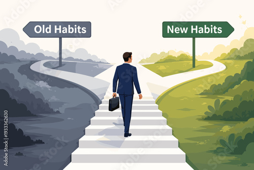 Businessman walking up stairs to a fork in the road between dark old habits and bright new habits. Concept of personal growth, life transformation, career success, and positive lifestyle change.