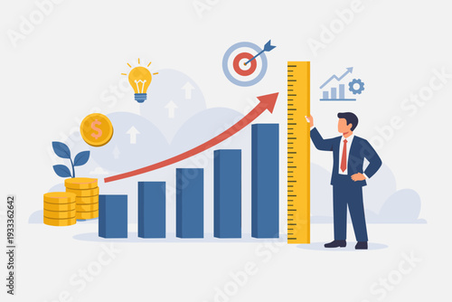 Businessman Measuring Growing Financial Bar Chart with Ruler, Concept of Rising Investment, Earning Growth, Success, Business Strategy, Goal Achievement, and Increasing Profit Flat Illustration.