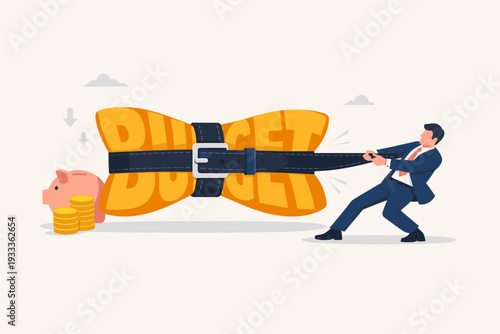 Businessman Tightening Belt Around Budget Word for Cost Cutting and Financial Management Concept. Vector Illustration of Economic Crisis, Austerity Measures, Saving Money, and Inflation Control.