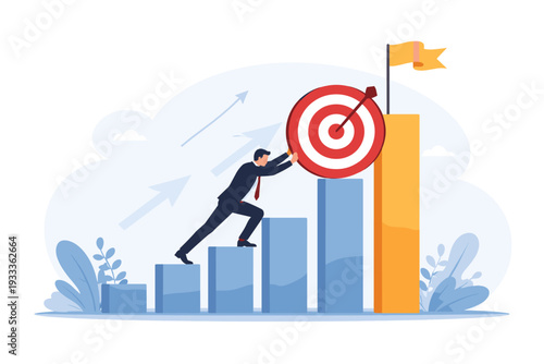 Determined Businessman Pushing Large Target Up Bar Chart to Reach Success and Business Goals, Concept of Growth, Ambition, Achievement, Hard Work, and Progress in Career, Flat Vector Illustration