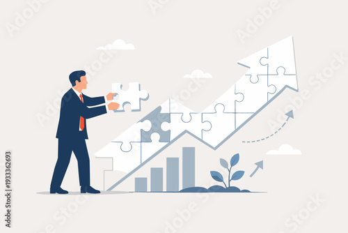 Businessman completing a jigsaw puzzle shaped like a rising arrow, representing business growth, strategic planning, success, financial progress, problem-solving, and corporate development.