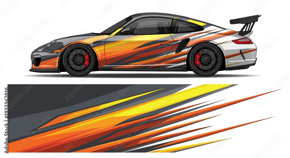 Fototapeta premium Dynamic illustration of a sleek racecar with bold orange and red flame graphics and sweeping streaks.