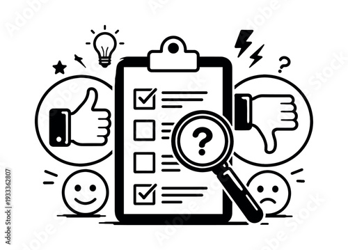 Questionnaire clipboard with magnifying glass, question mark, like and dislike symbols, and happy and sad emoticons