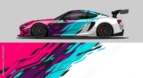 Vibrant racing car side profile with bold teal pink accents on sleek white chassis and dynamic stripes.