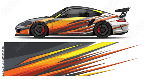 Dynamic illustration of a sleek racecar with bold orange and red flame graphics and sweeping streaks.
