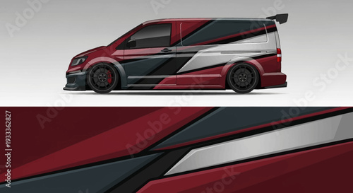 Stylized red and black graphic van with sleek, modern lines and futuristic profile.