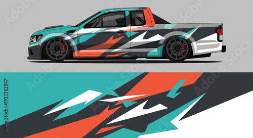 Graphic styled racing car with teal, orange and black livery featuring abstract geometric patterns.