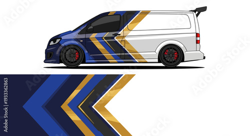 Stylized blue and gold race van illustration with geometric chevron patterns.