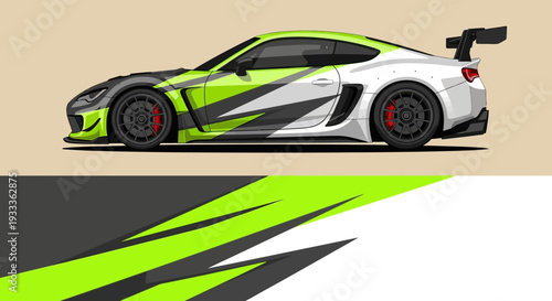 Stylized lime green racecar with bold graphics and abstract swooshes.