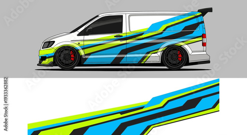 Colorful geometric wrap on a modern van with blue, yellow, and green stripes.