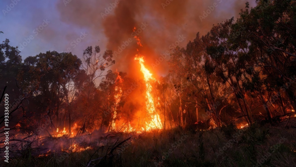 Fototapeta premium Forest trees engulfed by tall flames near woodland edge.