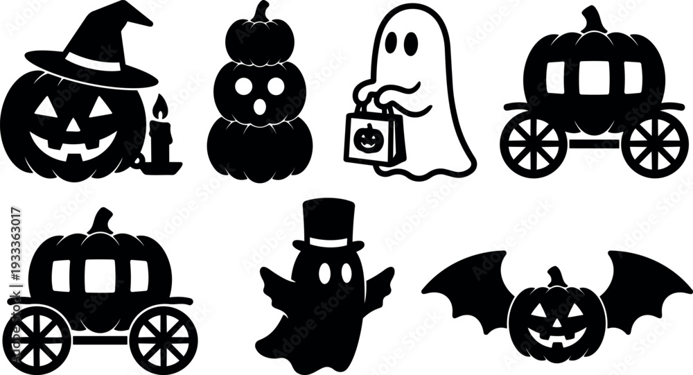Fototapeta premium Flat design halloween vector icon set showing carved pumpkin ghost lantern carriage witch top hat candle bat silhouettes smiling spooky