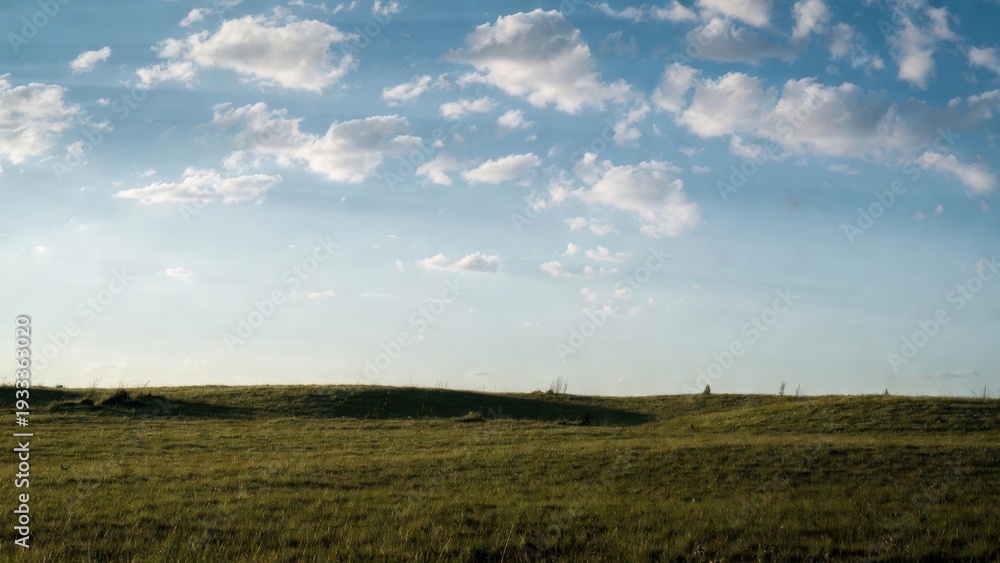 Obraz premium Rolling grass prairie under blue sky on open plain.