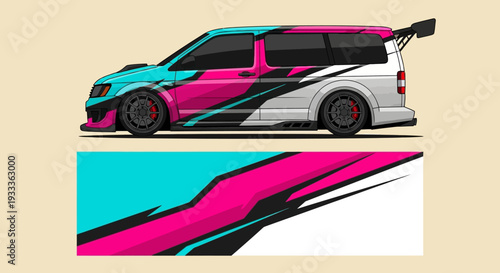 Vibrant Sporty Van with Neon Pink and Teal Stripes, Dynamic Graphic Illustration.