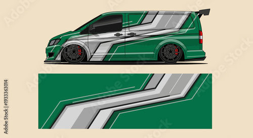 Side View Illustration of a Green Sporty Car with Stripes and Modern Design.