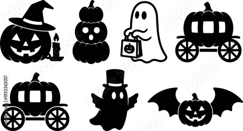 Flat design halloween vector icon set showing carved pumpkin ghost lantern carriage witch top hat candle bat silhouettes smiling spooky