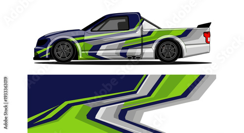 Side profile of a high performance race car with bold green and blue livery design.