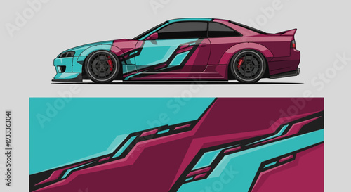 Colorful futuristic sports car illustration with teal and magenta accents.