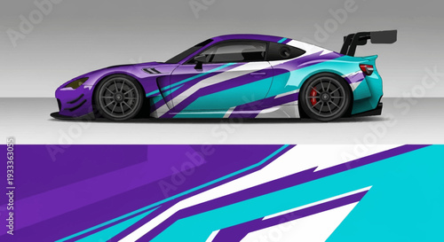 Side view of a vibrant customized race car with bold purple, teal and blue graphic livery.