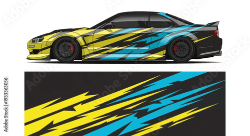 Colorful wrap design on a sleek sports car with dynamic blue yellow black graphics.