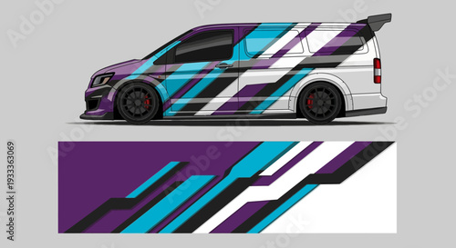 Vibrant graphic wrapped car with blue purple racing stripes and decals.