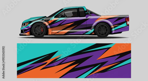 Colorful sportscar with bold graphic wrap and abstract zigzag design on sleek panel.