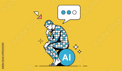 AI Model Deep in Thought on Yellow Background, Artificial Intelligence and Machine Learning Concept, Futuristic Digital Brain Character Vector Illustration for Technology, Innovation, and Data Science