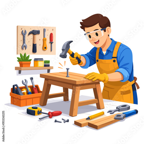 Young caucasian male carpenter hammering nail in workshop with tools and wooden workbench.