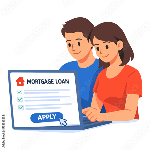 Young couple applying for mortgage loan online on laptop.