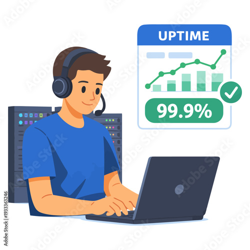 Young caucasian male it technician ensures uptime with laptop and server background.