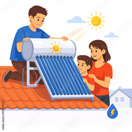 Family installing solar water heater on rooftop under bright sun.