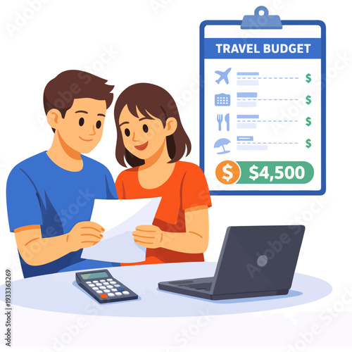 Young caucasian couple planning travel budget with calculator and laptop.