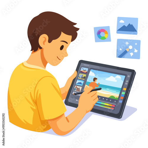Young asian male editing photos on digital tablet with graphic tools.