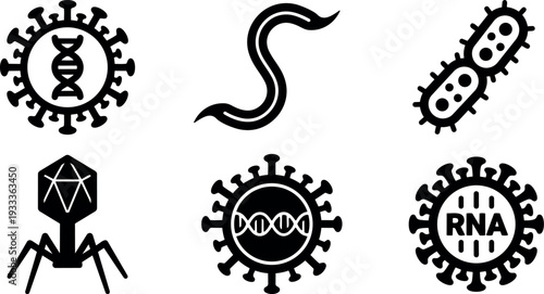 Vector virus and bacteriophage icons showing rna dna strands and bacterial shapes in flat black scientific icon set isolated collection