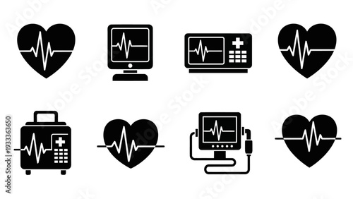 Black Flat Vector ECG Heartbeat and Medical Icons EPS10 Stock.eps