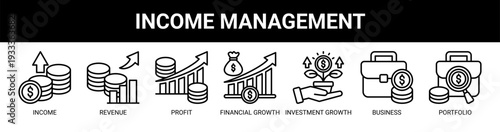 Income Management web banner icon vector illustration concept with icons of income, revenue, profit, financial growth, investment growth, business, and portfolio.
